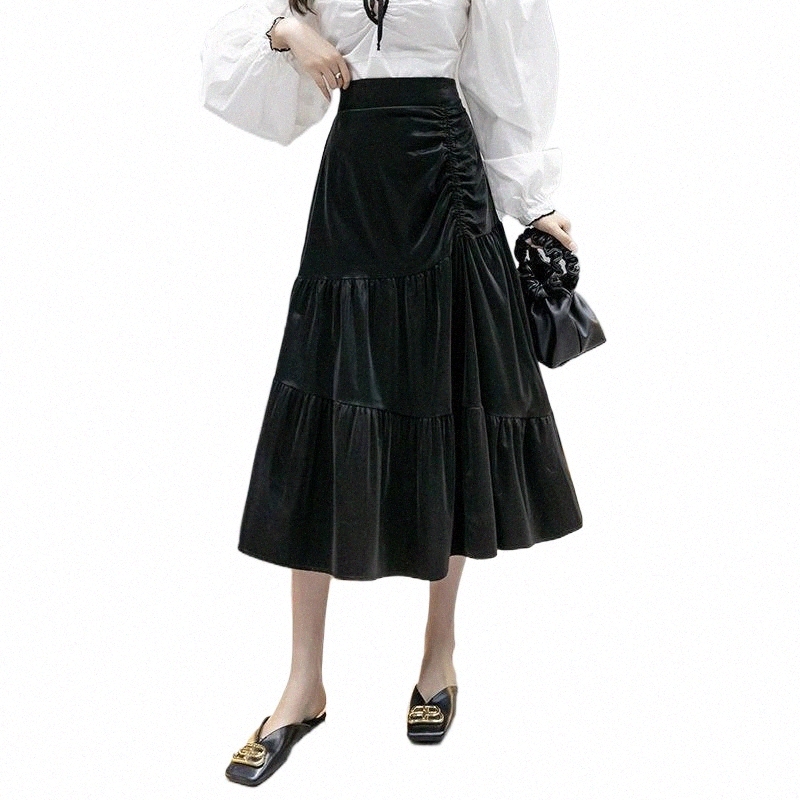 

skirts Leather Womens Pleated Faldas Largas Mujer Korean Style Jupe Longue Femme Medium Length High Waist Skirt Clothing I5w3#, Brown