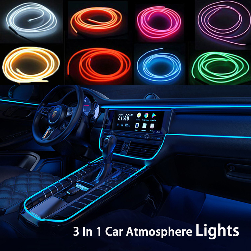

New 3 In 1 Car Atmosphere Lights Car Interior Led Decorative Lamp EL Wiring Neon Strip For Auto DIY Flexible Ambient Light Wire USB