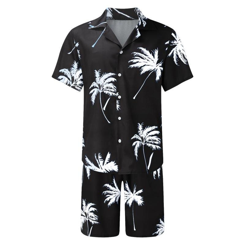 

Men's Tracksuits Short Sleeve Palm Tree Printed Shirt Men Causal Blouse Shorts Suit Summer 2 Piece Clothing Beach Set Hawaiian, Black
