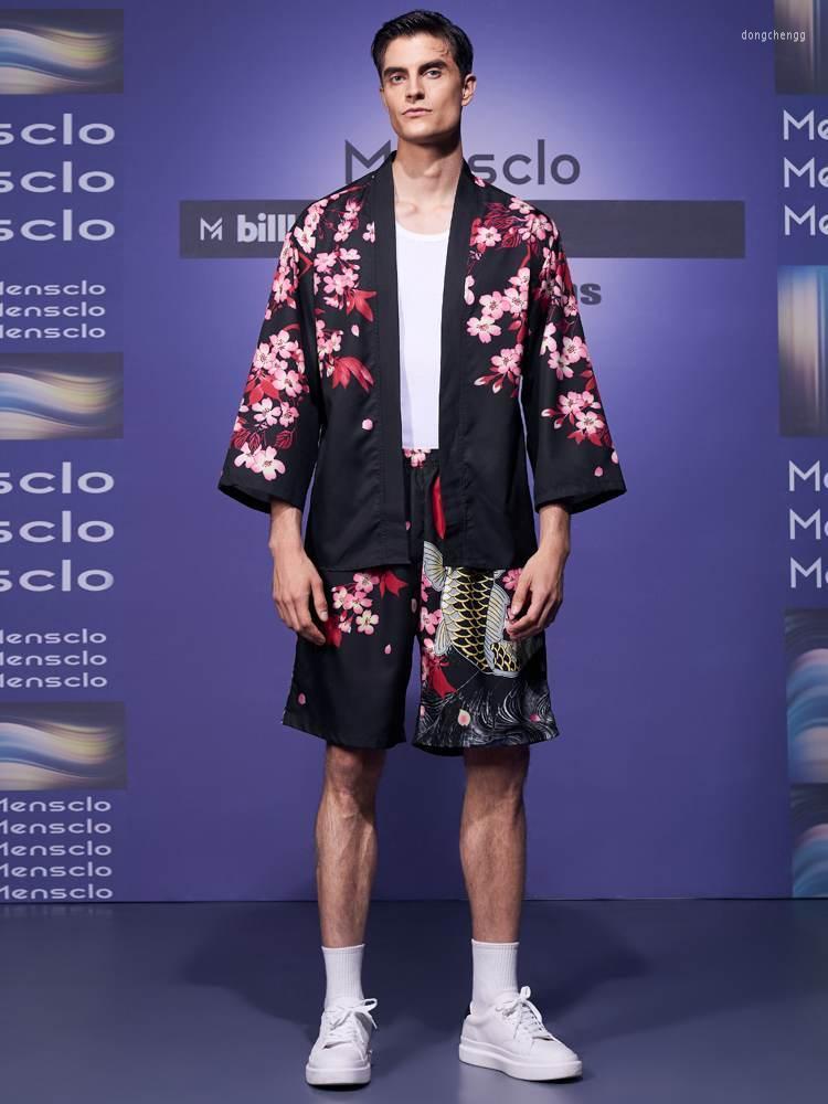 Survêtements pour hommes CharmkpR Impression de fleurs de carpe pour hommes Ensembles de style japonais Mode Casual Taille élastique Kimono Deux