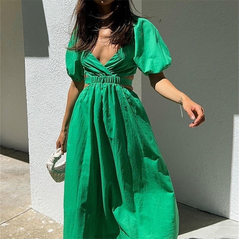 

Foridol V Neck Waist Cut Out Elastic Cotton Green Dress Lantern Sleeve Backless Maxi Summer Elegant Ladies Long Sundress 220613