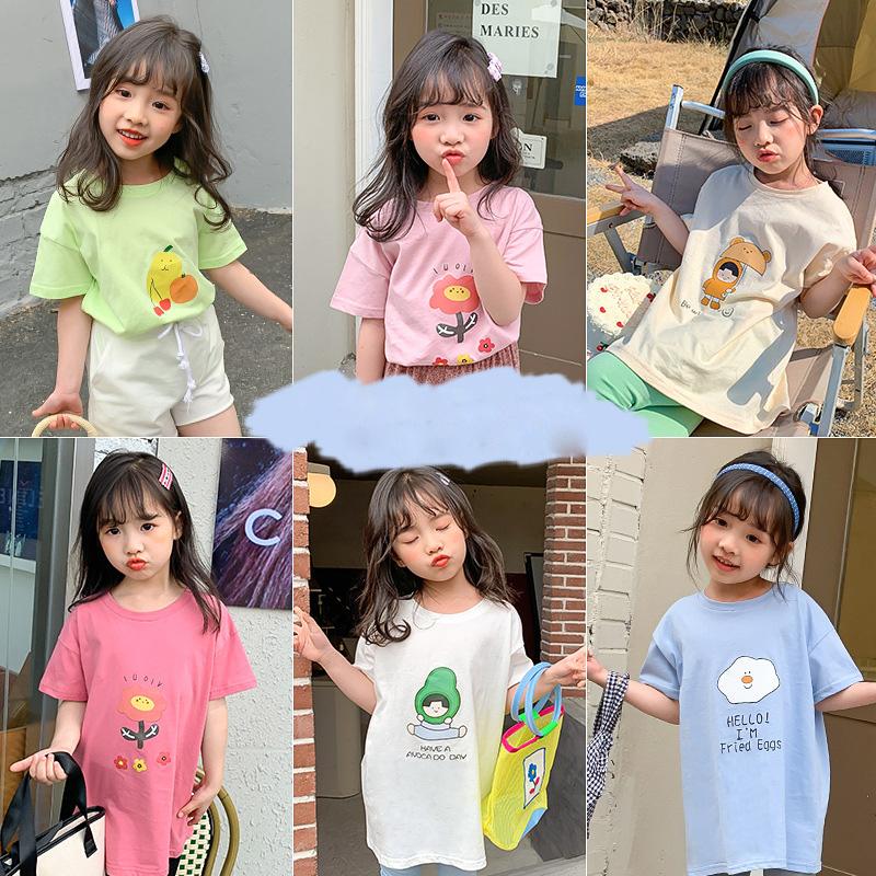 

T-shirts Girls T Shirt 2022 Summer Long Cartoon Cotton Kids Clothing Short Sleeve Tops BB66T-shirts, Beige