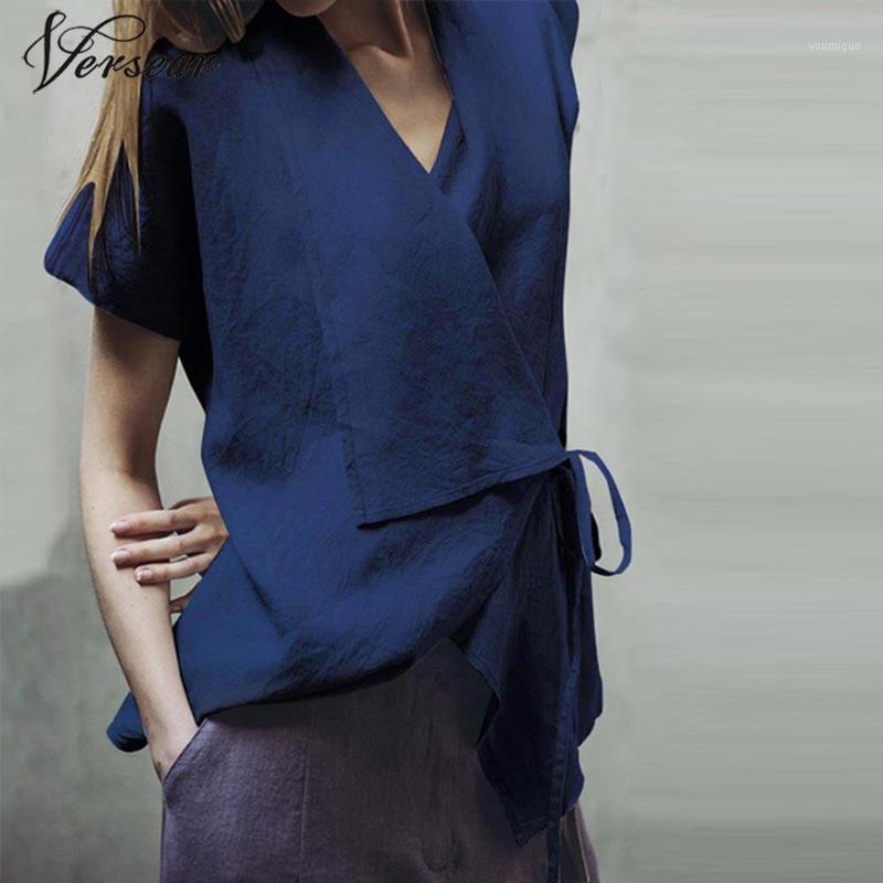 

Versear Vintage Women Cotton Linen Blouse Solid Color V Neck Short Sleeves Sashes Irregular Hem Casual Shirt Top Women' Blouses & Shirts, Black