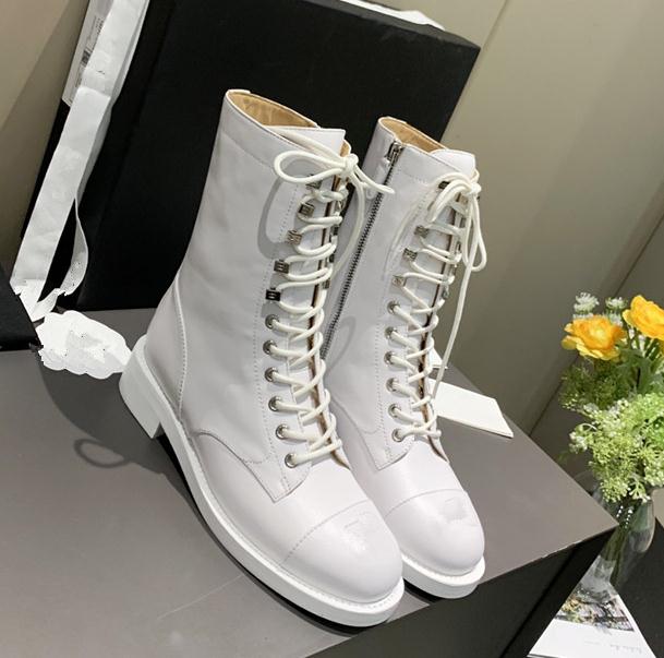 

Women's luxury martin boots lace up new slim leather mid-tube ankle boot laces straps chunky heel mid-well ladies black White roman Half boots