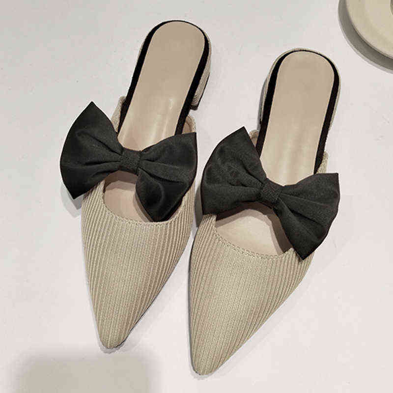 

Butterfly Knot Pointed Toe Mules Shoes Stretch Knitted Slippers Women Mesh Slides Fashion Slip on Shallow Flats Spring 220615, Beige