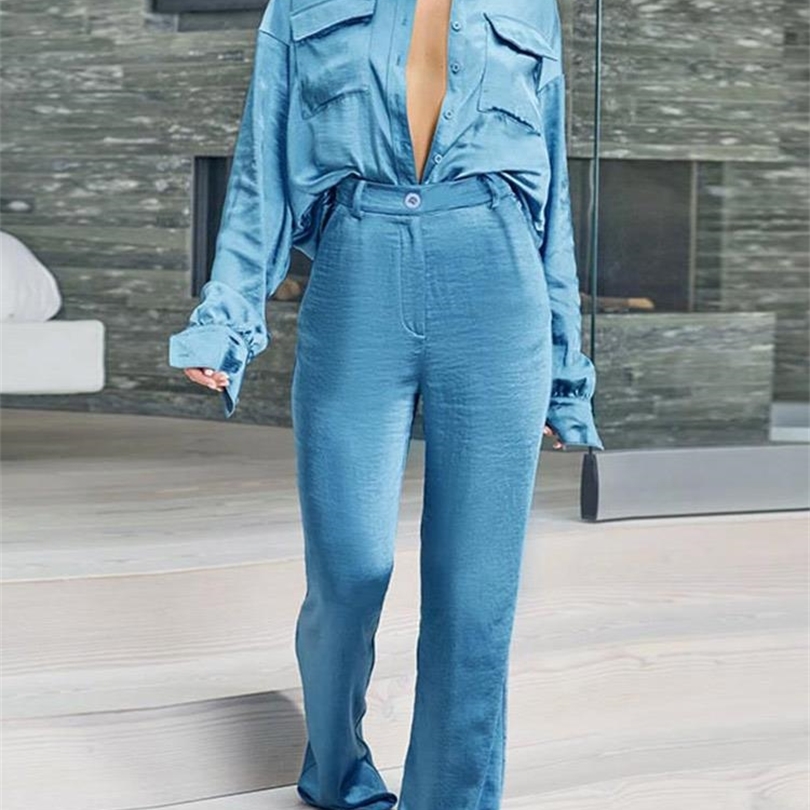 

Women Solid Satin Pants Suit Female Loose Shirts Tops And Straight Pants Two Piece Sets Summer Office Lady Fashion Outfits 220801, Black