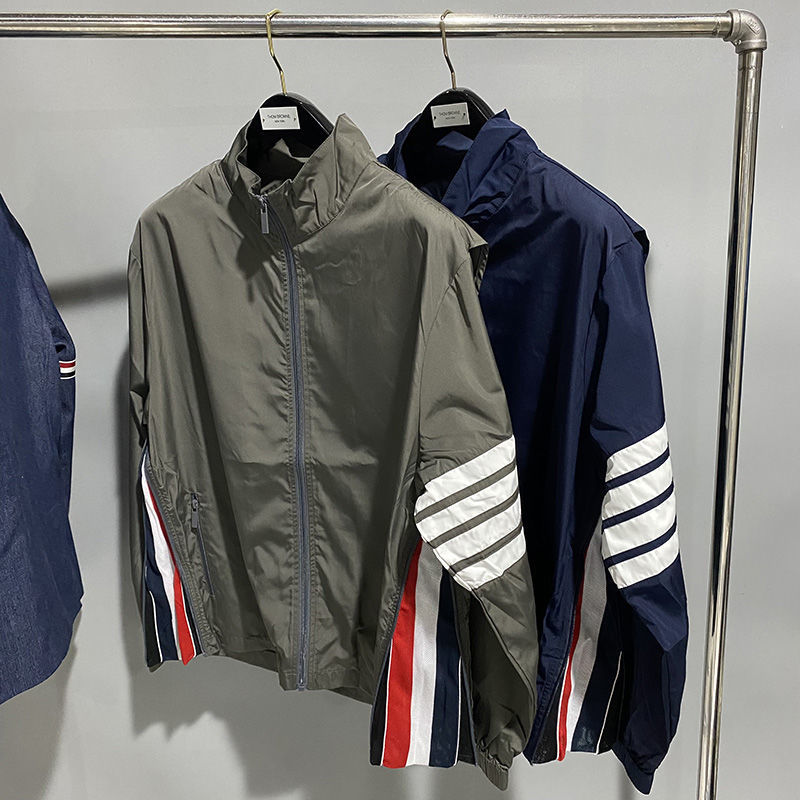 

Men and Women Jacket Spring and Autumn Side Zipper Red White and Blue thom Mesh Striped Webbing Decorative Thin Loose Top brown Casual Windbreaker, Green
