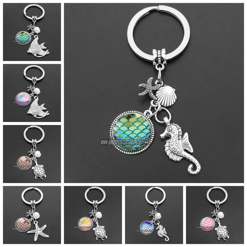 

Keychains Summer Beach Glass Keychain Fish Scale Starfish Shell Key Chain Seahorse Ring Cute Marine Animal Holder For Girl And BoyKeychains