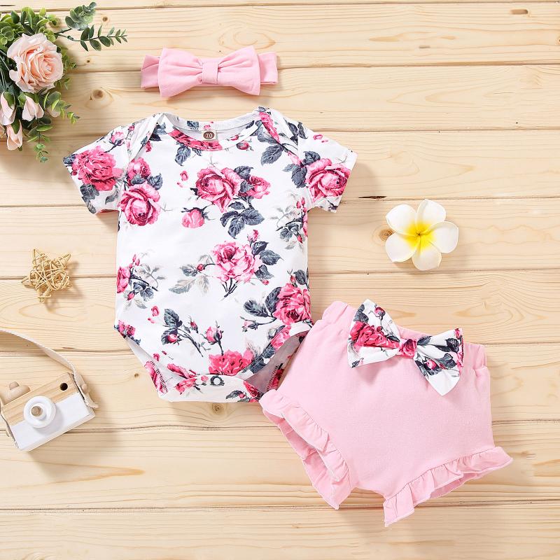 

Clothing Sets Born Girl Clothes Infant Floral Prints Crew Neck Romper Tops Bowknot Shorts Headband Three Pieces Outfit Set 0-18mClothing, Pk
