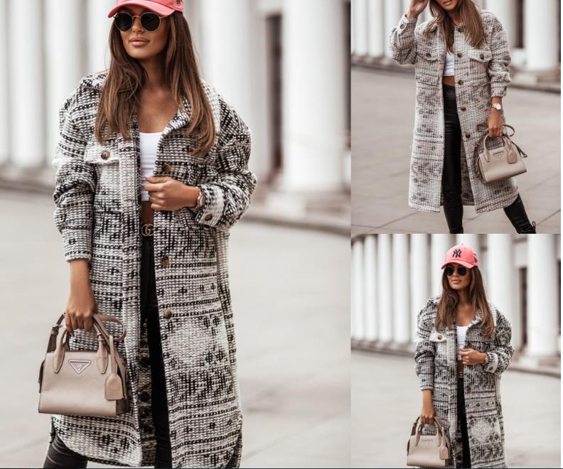 

Women Fashion Turn-down Collar Print Wool & Blends New Vintage Pattern Print Sleeve Loose Warm Overcoat Lady Outweats, Black