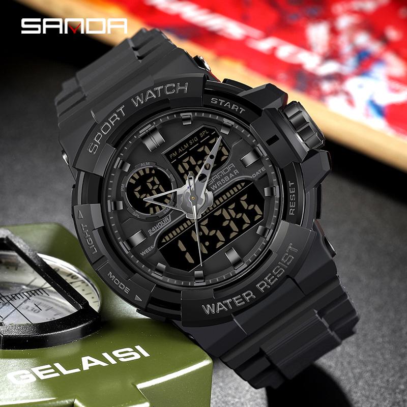 

Wristwatches Brand Men Sports Watches Dual Display Analog Digital LED Electronic Quartz Waterproof Swimming Military WatchWristwatches, Black