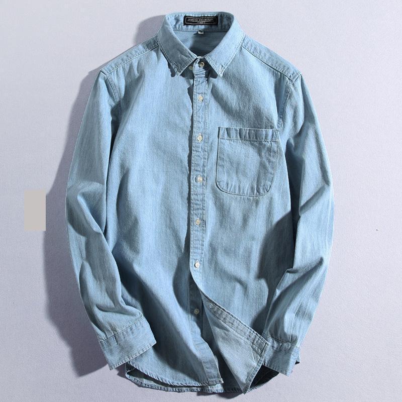 

Long Men' Blue Sleeve Denim Shirt With Pocket Black Spring Casual Men Turn Down Collar Soft Korea Style Shirts
