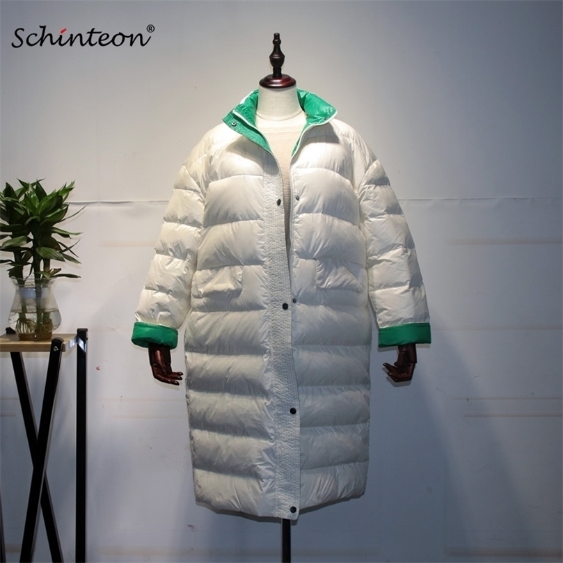 

Schinteon Korean Style Down Jacket Loose Winter Warm Long Outwear White Duck Down Coat Over Size Women Waterproof 201127, Black