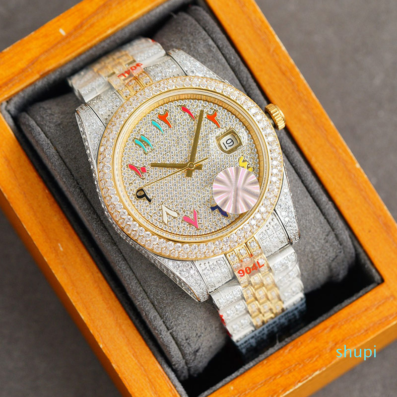 

Full Diamond Mens Watch 41mm Automatic Mechanical Watches Diamonds Bezel Sapphire Mirror Fashion Wristwatch 2022, Color9