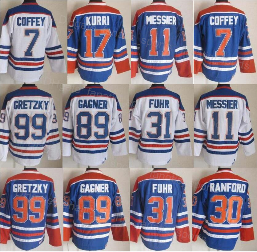 

Retro Ice Hockey Vintage 7 Paul Coffey Jersey 89 Sam Gagner 17 Jari Kurri 31 Grant Fuhr 99 Wayne Gretzky 11 Mark Messier 30 Bill Ranford Stitched CCM Blue White YouGong, 7 white