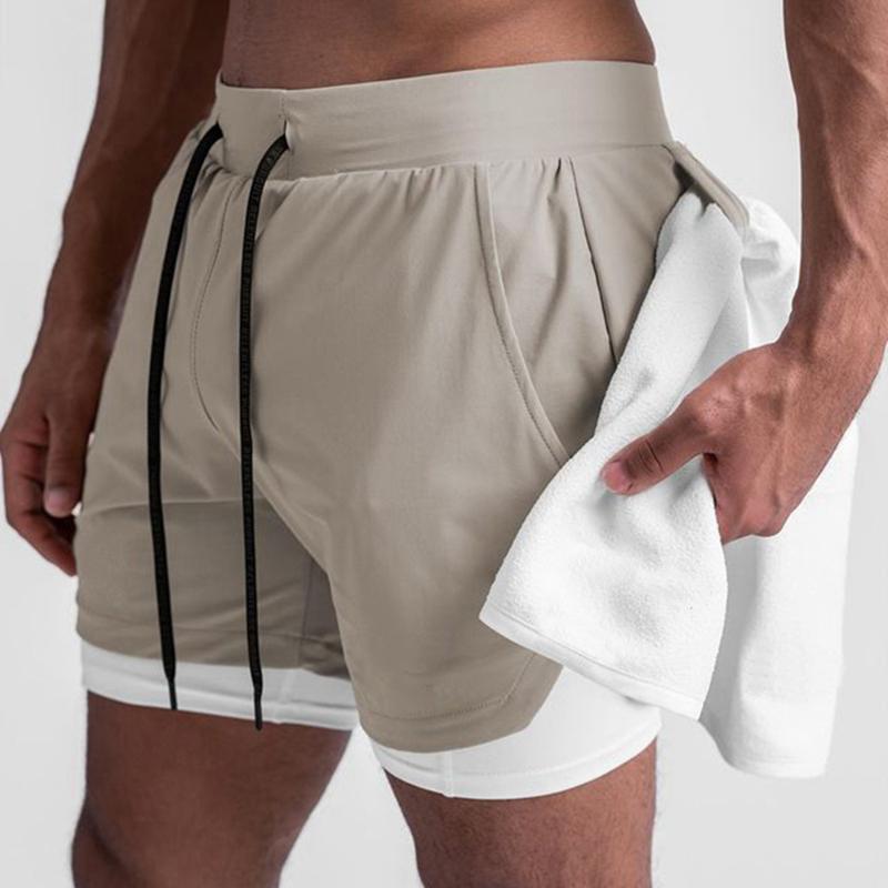 

Men's Shorts In 1 Fitness Men Double Layer Casual Bermuda Summer Gym Bodybuilding Crossfit Sport Short Pants Male Training BottomsMen's, Beige