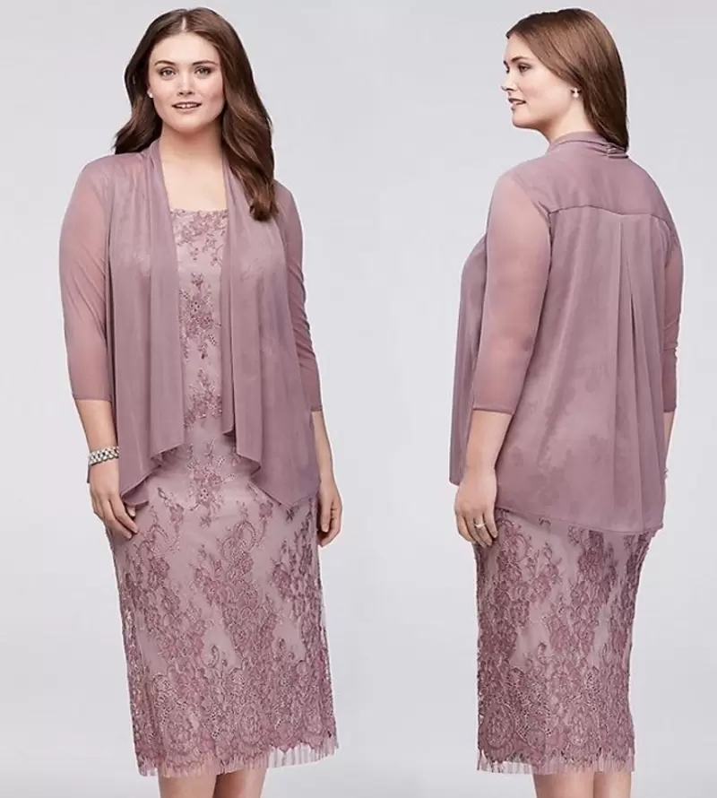 

Elegant Tea Length Mother Dresses With Jacket Scoop Neck 3/4 Sleeve Full Lace Prom Wear Short Party Gowns Formal Evening Dress