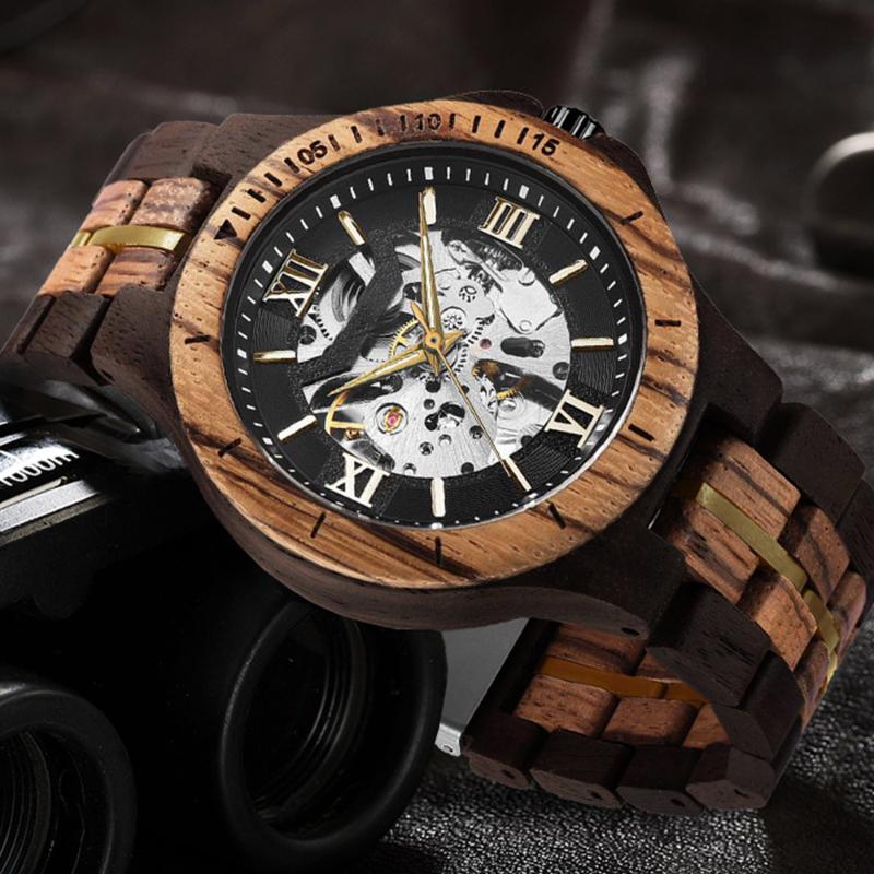

Wristwatches Men Wood Watches Fashion Solid Skeleton Wooden Strap Automatic Mechanical Relogio MasculinoWristwatches, Black no box