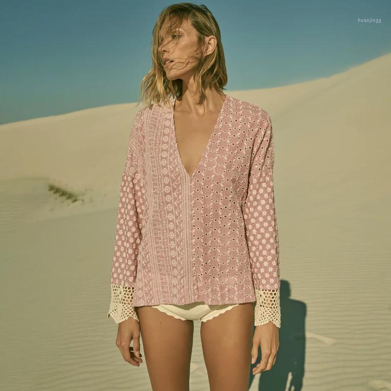 

Women's Blouses & Shirts Jastie Embroidered Eyelet Blouse V-Neck Long Sleeve Autumn Women Tops Asymmetric Hem Side Vents Boho Blusas 2022, Pink