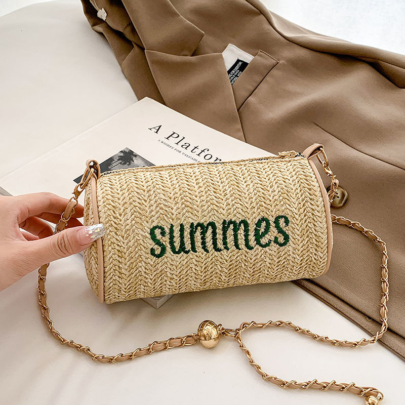 

Niche design round barrel straw small bag women's 2022 summer new high-end feeling net red explosion style Western style chain messenger bags, Green