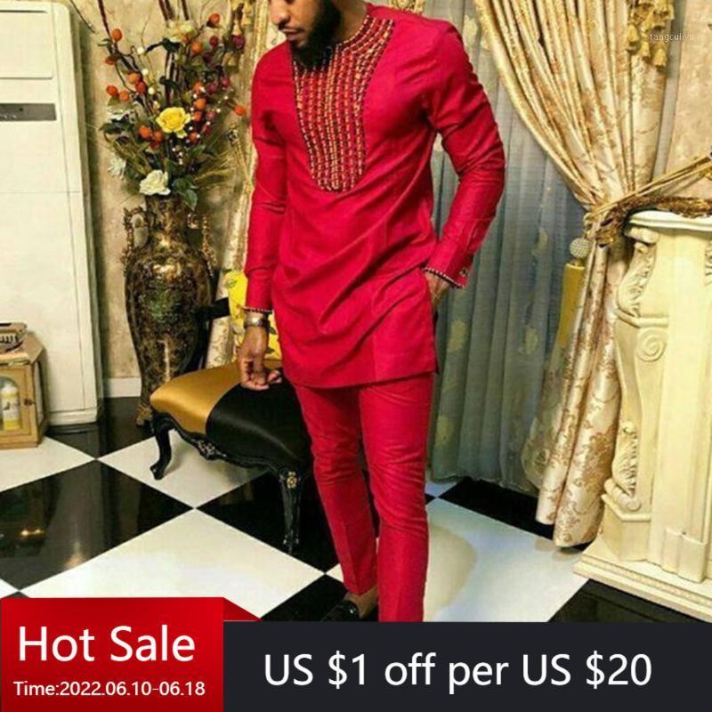 

Men's Tracksuits African Sets For Men Autumn Striped Print Casual Dashiki Ethnic Style Long O-Neck Fashion Wedding Two-piece Suit, Red