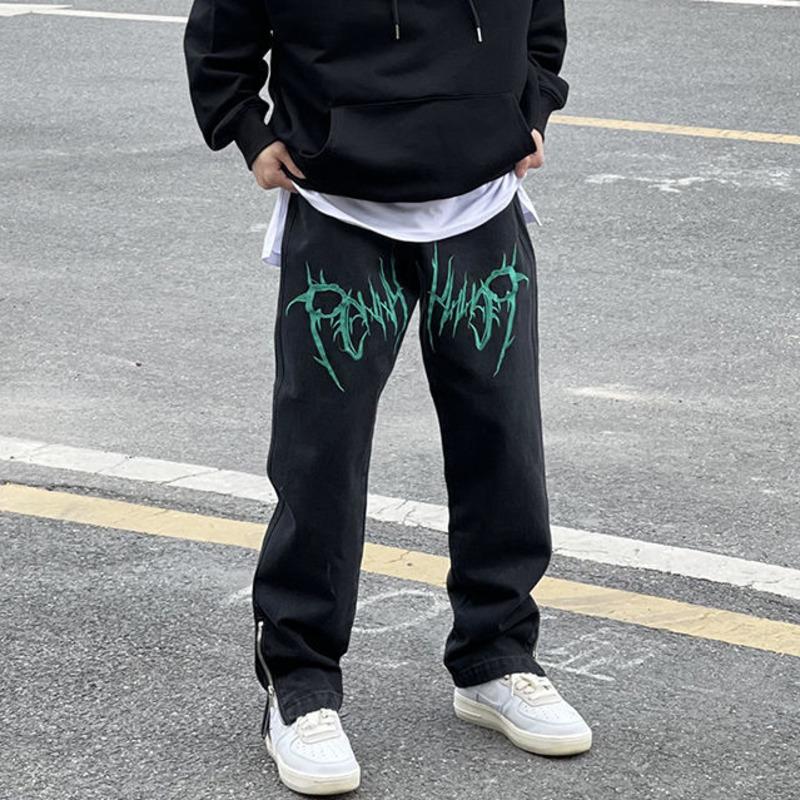 

Men' Pants High Street Wash Embroidery Hip Hop Black Jeans Loose Straight Tube American Hiphop Side Zipper Floor PantsMen