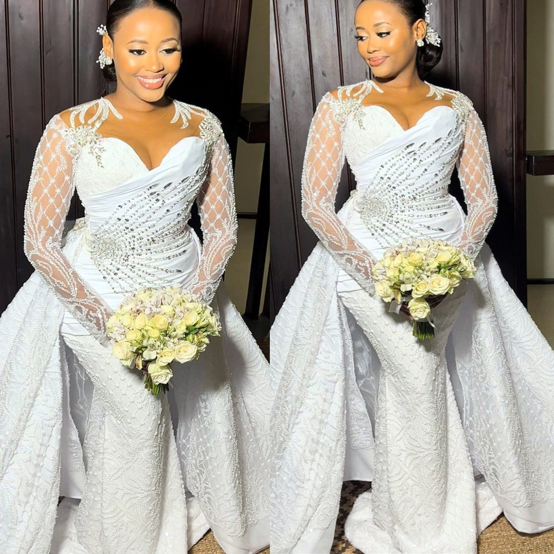 2022 grande taille arabe Aso Ebi sirène dentelle luxueuse robe de mariée cristaux perlés pure cou robes de mariée robes ZJ111