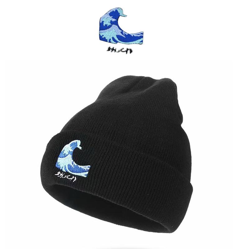 

Berets Beanie Waves Embroidery Knitted Hats For Winter Women's Hat Girl Autumn Female Caps Warmeradies Zzm013Berets, Black