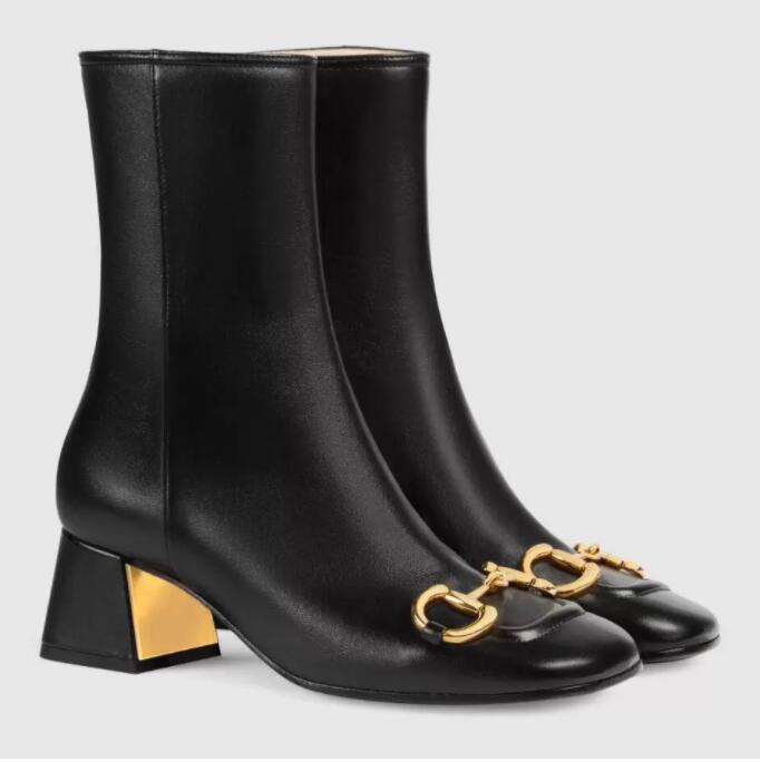 

Top Luxury Women's Mid-heel Ankle Boot Gold-toned Horsebit Booties Heel Square Toe White Black Leather Ladies Comfort Walking EU35-40