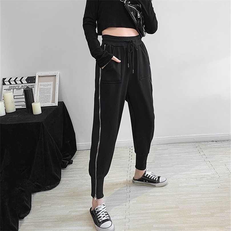

Women Elastic Waist Harem Pants Female Fashion Side Zippers Ankle Length Streetwear Trousers Ladies Loose Sport Jogging Pants 201228, Black