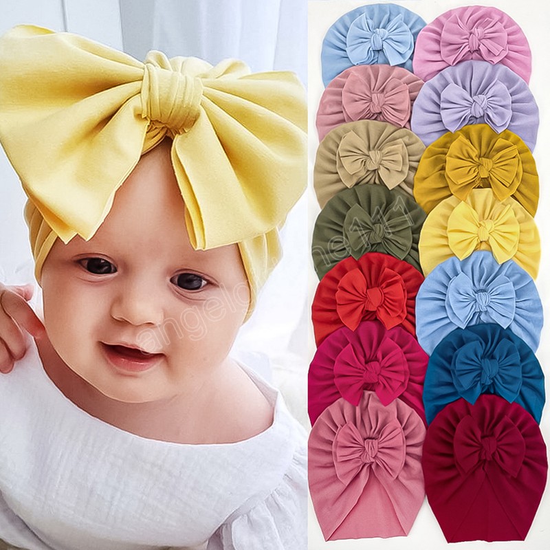 

Baby Hat Solid Color Cute Bows Soft Cotton Elastic Newborn Girl Turban Hat Toddler Infant Beanies, Mixed color