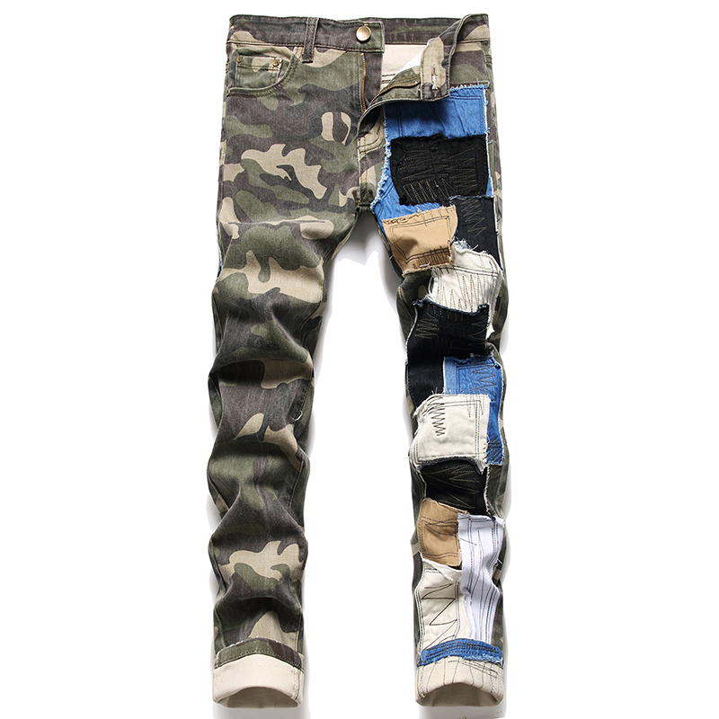 

Stretch Camouflage Stitching Color Matching Men's Slim Jeans Autumn and Winter New Casual Cotton Denim Pants Fashion Trousers, 3132