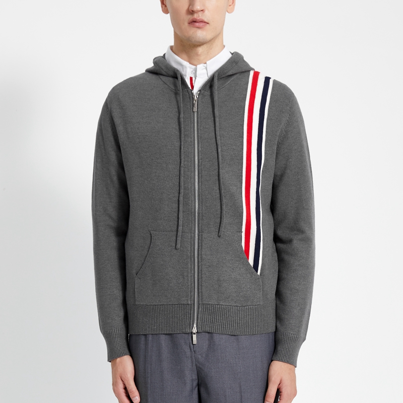 TB Men's Sweater Autunm Winter Fashion Brand Clothing Classic Cotton RWB Stripe Stitch ZIP-UP Hoodie V-Neck Cardigan Casual Coats