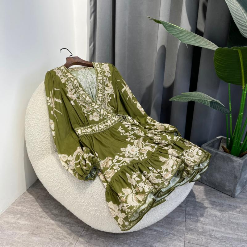 

Casual Dresses Woman Green Wrap Dress 2022 Spring Summer Designer Placement Print Long Lantern Sleeve Elegant Wear, Dark green