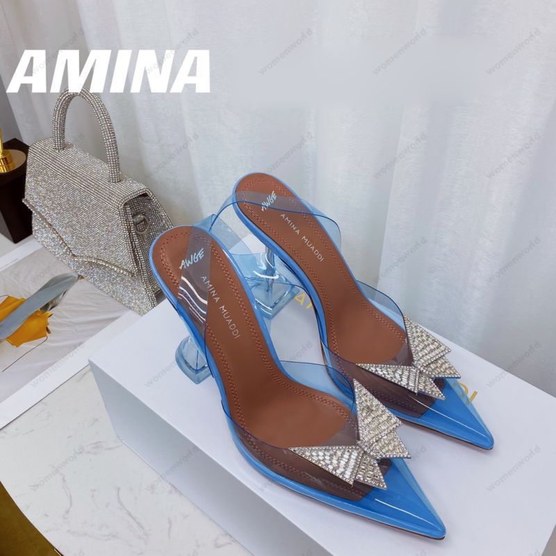 

Luxury Designer Amina Muaddi sandals New clear Begum Glass Pvc Crystal Transparent Slingback Sandal Heel Pumps 100mm Blue crystal-embellished pumps shoes, Only a shoe box