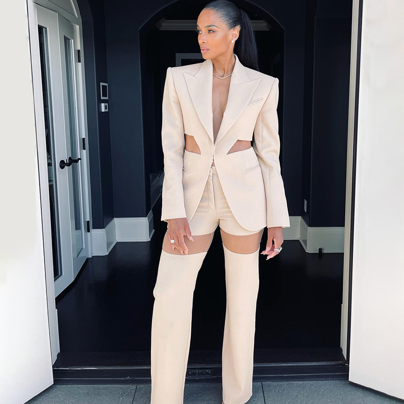 Piste banquet mariage Cocktail fête Blazer costumes maille évider dos nu veste pantalon droit kaki fête femmes de haute qualité