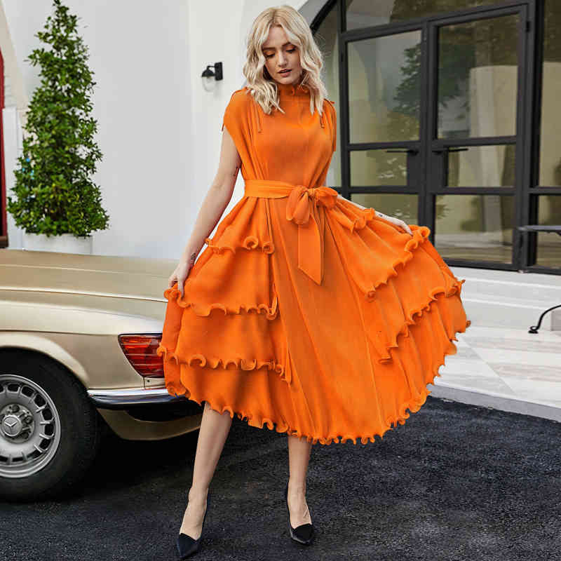 Casual Dresses Pleated Woman Dress Ruffled Hem Solid Elegant Short Sleeve With Sashes Long Length Vintage Summer Fashion XQ2 PF6W-image-762553988