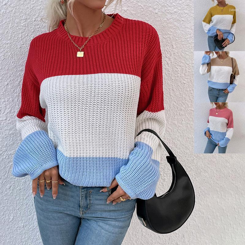 

Women' Sweaters Pink Knit Striped Lantern Sleeve Pullover Sweater 2022 Fall Winter Fashion Simple Yellow Large Size Jumpers Office Lady