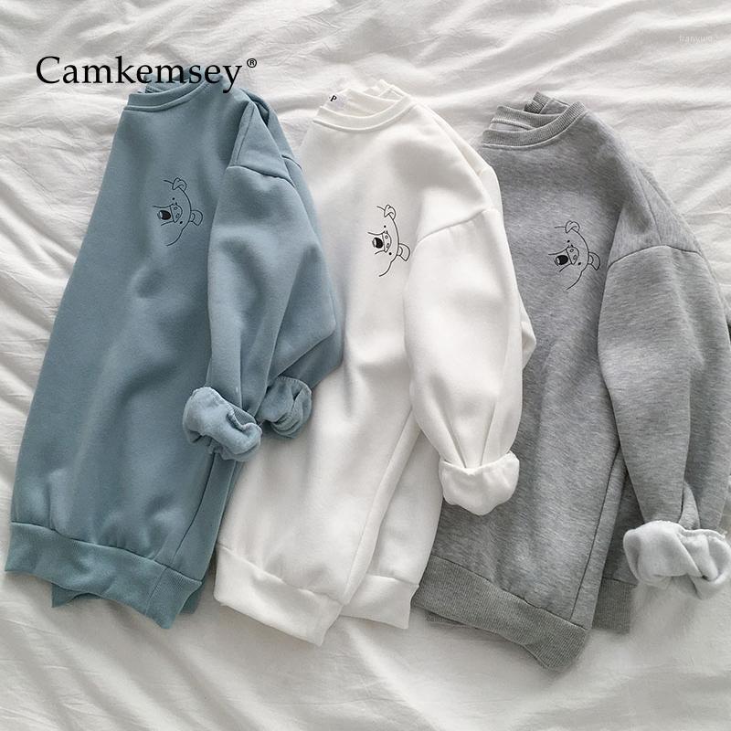 

Cute Cartoon Bear Print O-Neck Sweatshirts Women Korean Autumn Winter Warm Fleece Loose Harajuku Female Pullovers Women's Hoodies &, Blue
