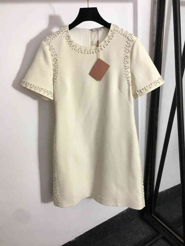 

Designer Womens Dresses Miu Pearl Sequined Beaded Flower Embellished Short-sleeved Dress Luxury Women Clothing Apparel, 13