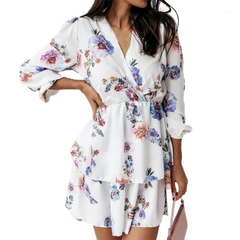 

Casual Dresses Women Dress Long Sleeve Mini V Neck Leopard Floral Double-layer Hem Lady Layered 2022, Black