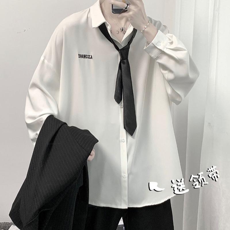 

Send Tie Men's Solid Color Letter Embroidered Hawaiian Shirt Camisa Social Masculina Streetwear Long Sleeves Shirts -2XL Casual, Black