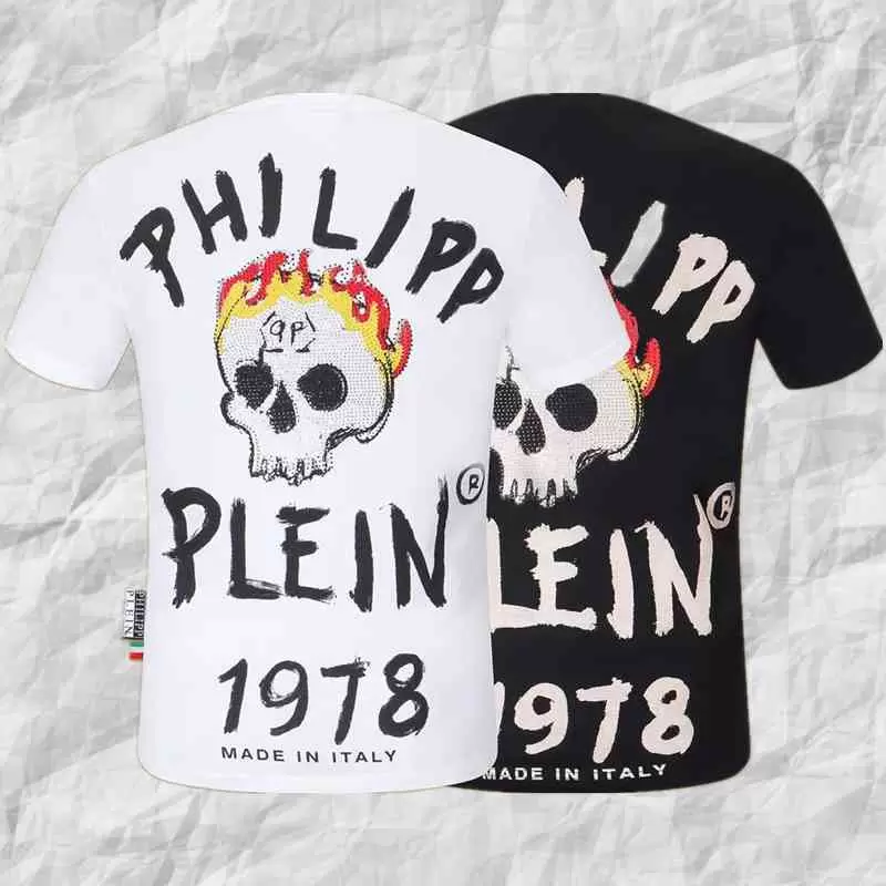 

DesignerXia Ou goods PP wear solid color leisure slim fit clothes Philip plan hot drill flame skull men's Half Sleeve AHJ Philipps Pleins, Black