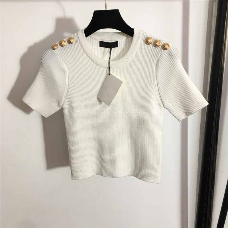 

2022 women summer wool knit tee designer tops with metal buttons milan runway designer crop top t-shirt clothing high end viscose stretch striped pullover sweater, White