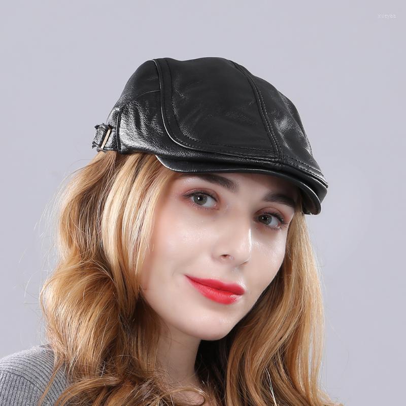 

Visors High Quality Women 100% Genuine Sheepskin Leather Cap Button Adjustable Fashion Lady Real Hat Peaked CapVisors, Black
