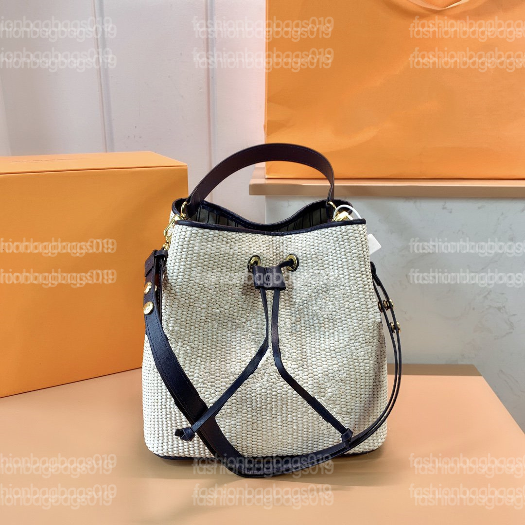 

Neonoe Bags MM Designer Buckets Raffia Woven Textile Womens Drawstring Shoulder Bag Monograms Caramel Tan Beige Jacquard CrossBodys Wallet Handbag Tote