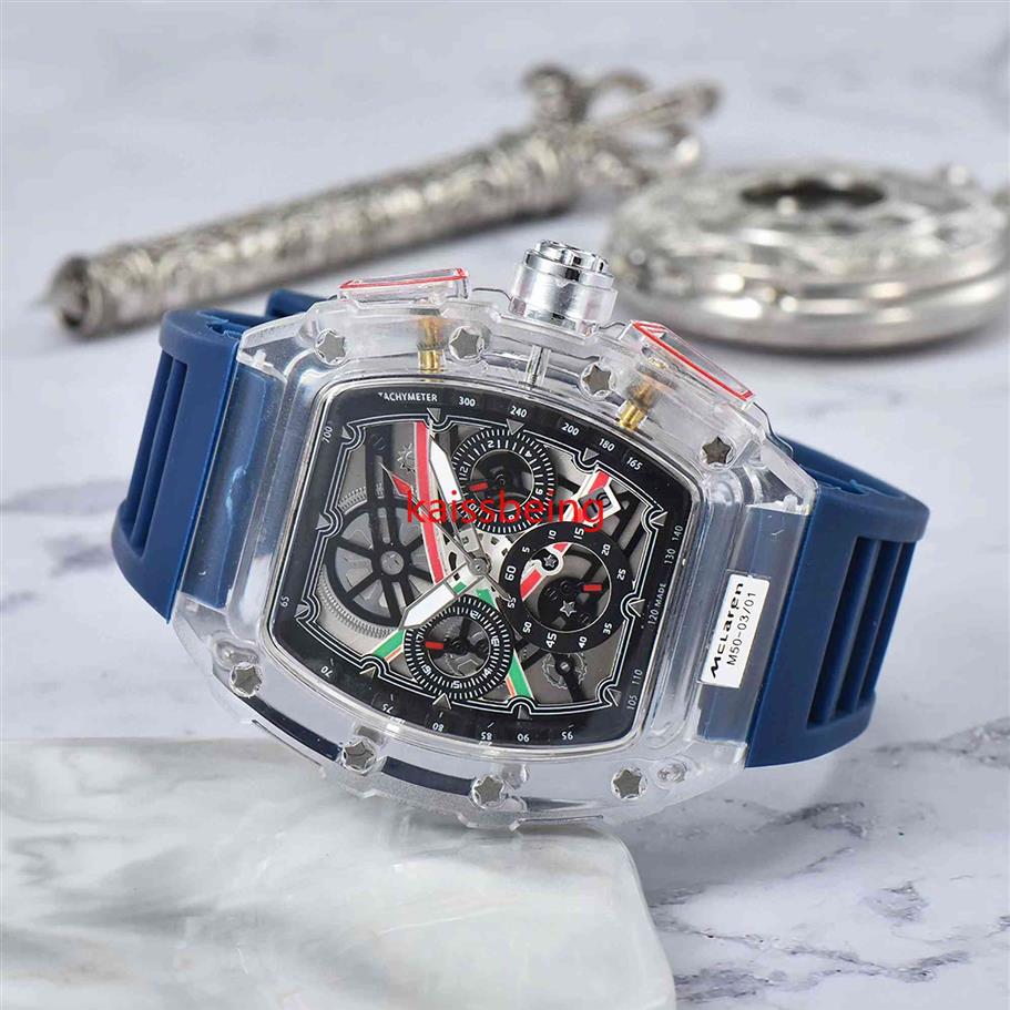 

LAW Mens Watch Luxury Designer Sport Watches Fashion Transparent case 44mm Chronograph Wristwatches Silicone Strap Quartz Men Cloc306b, B8