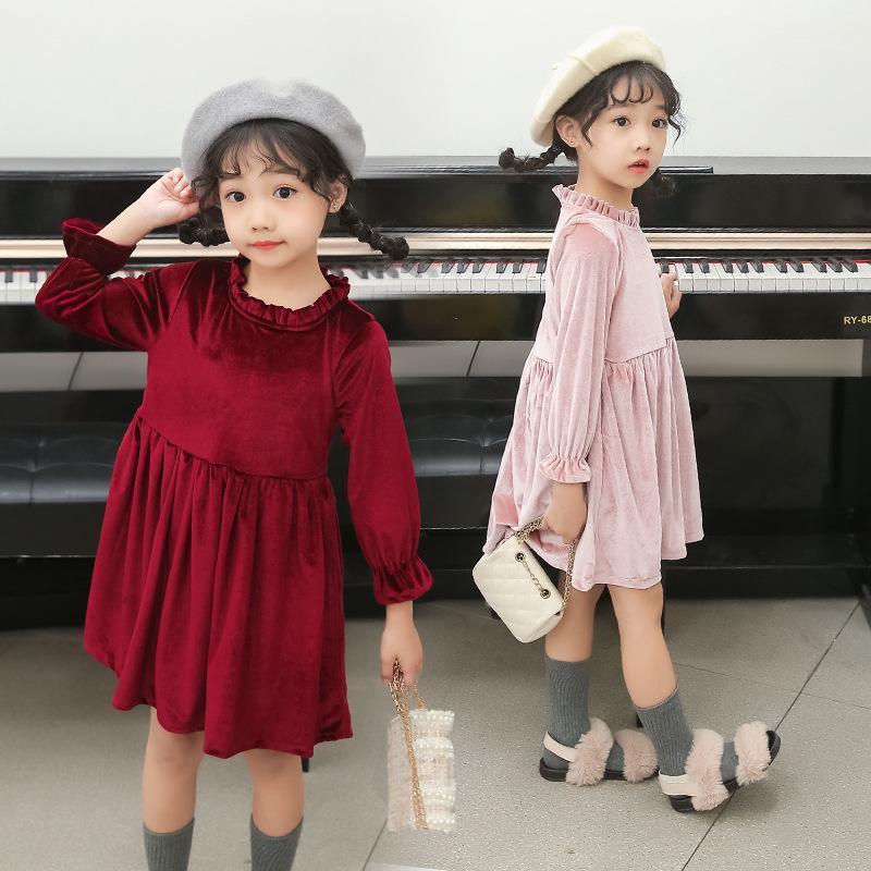 

Girl's Dresses Fashion Girls Velvet Long Sleeves Princess For Kids Children Teenager Dress Spring Autumn Casual Clothes, Wine red