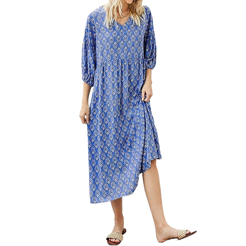 women's Casual Dress Maxi long Dress Blue Half Sleeve Print Print Summer V Neck Casual 2022 S M L XL m1FK#