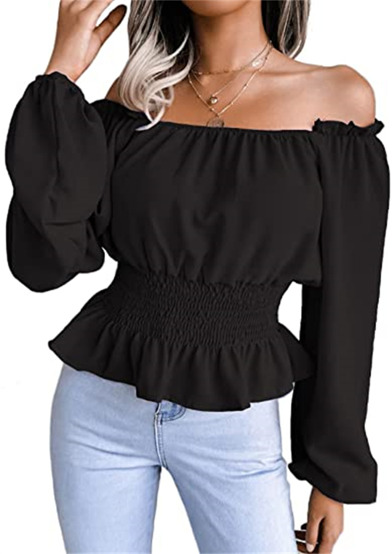 

Women's Tops & Tees open-shoulder, long-sleeve, pleated waist ruffled flounces blouse, Photo color